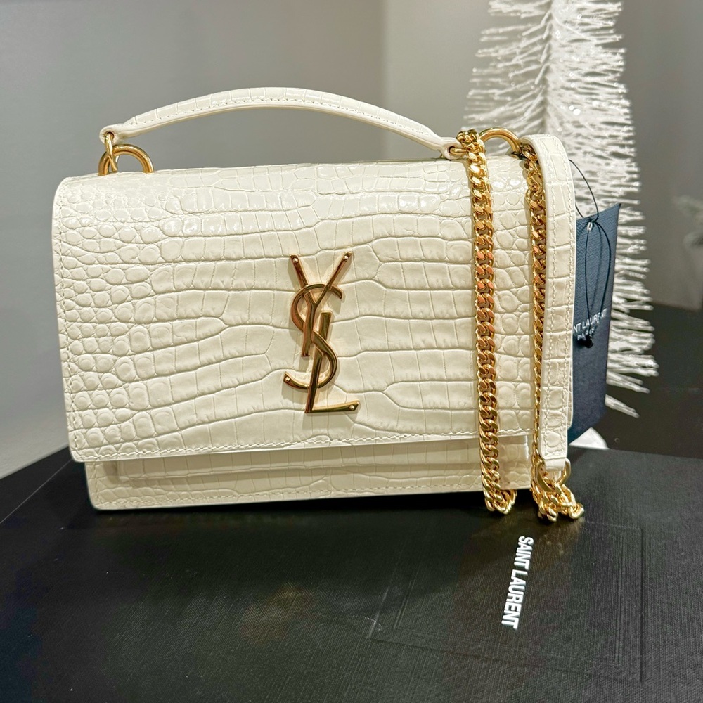Saint Laurent Ivory Croc-Embossed Crossbody Bag